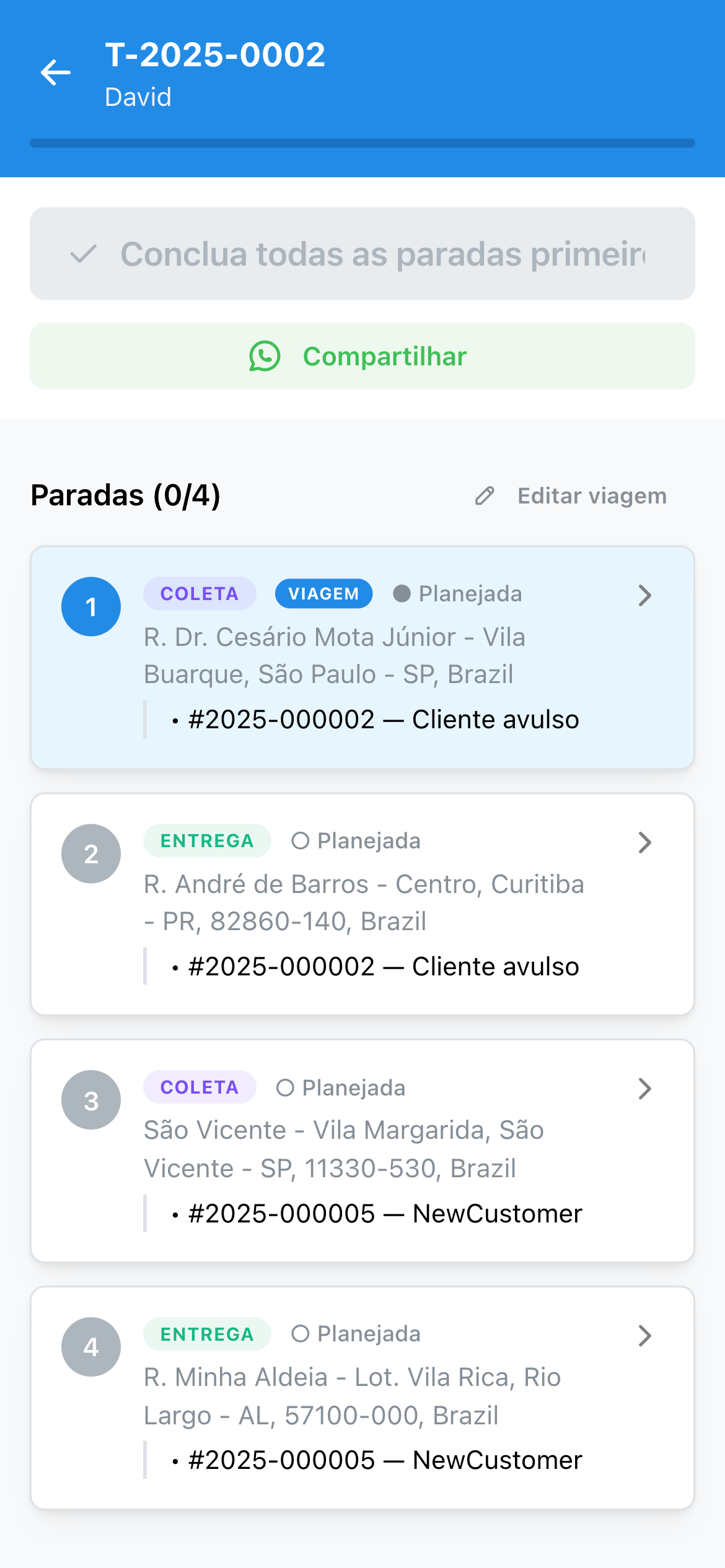 Paradas da viagem